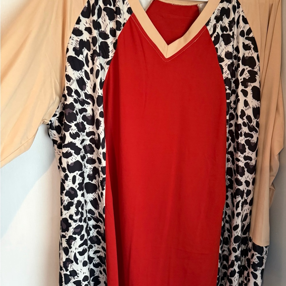 Red and Animal Print V-Neck Top